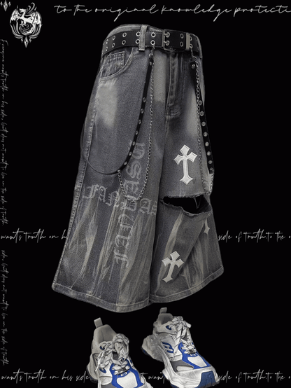 Y2K Blue Cross Appliques Distressed Holes Wide-Leg Jeans