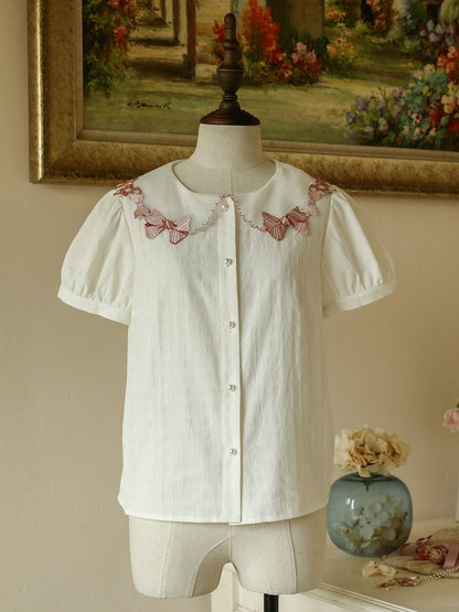 Pink Bowknot Trimmed Collar White Short Sleeves Blouse