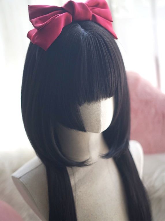 Black/Brown/Light Blonde/White&Blue Waist Length Straight Wig With Full Bangs