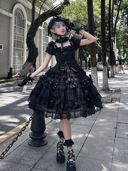 All Details at with Bow Lolita Back Dress Bead Big and Accents Princess Black