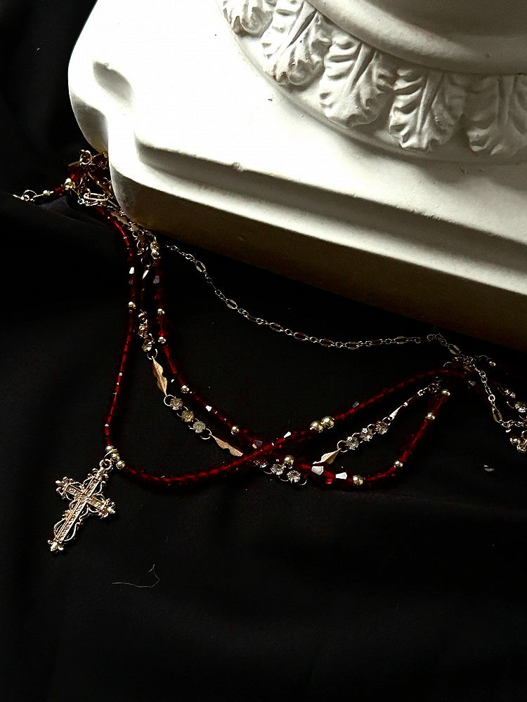 Red/White  Gothic Lolita Necklace with Cross Pendent