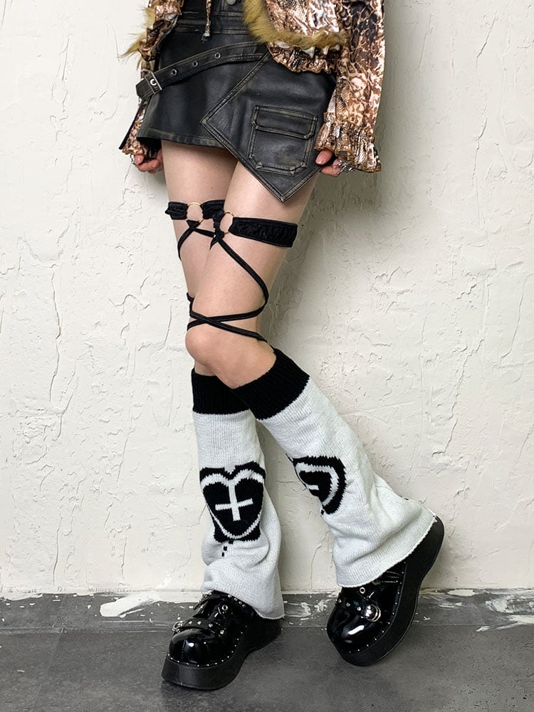 Yami Kawaii Black&White Y2K Heart Cross Leg Warmers