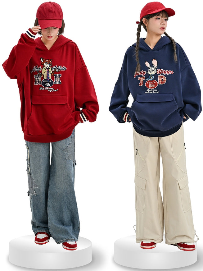 Zootopia Nick Applique Red Loose Hoodie