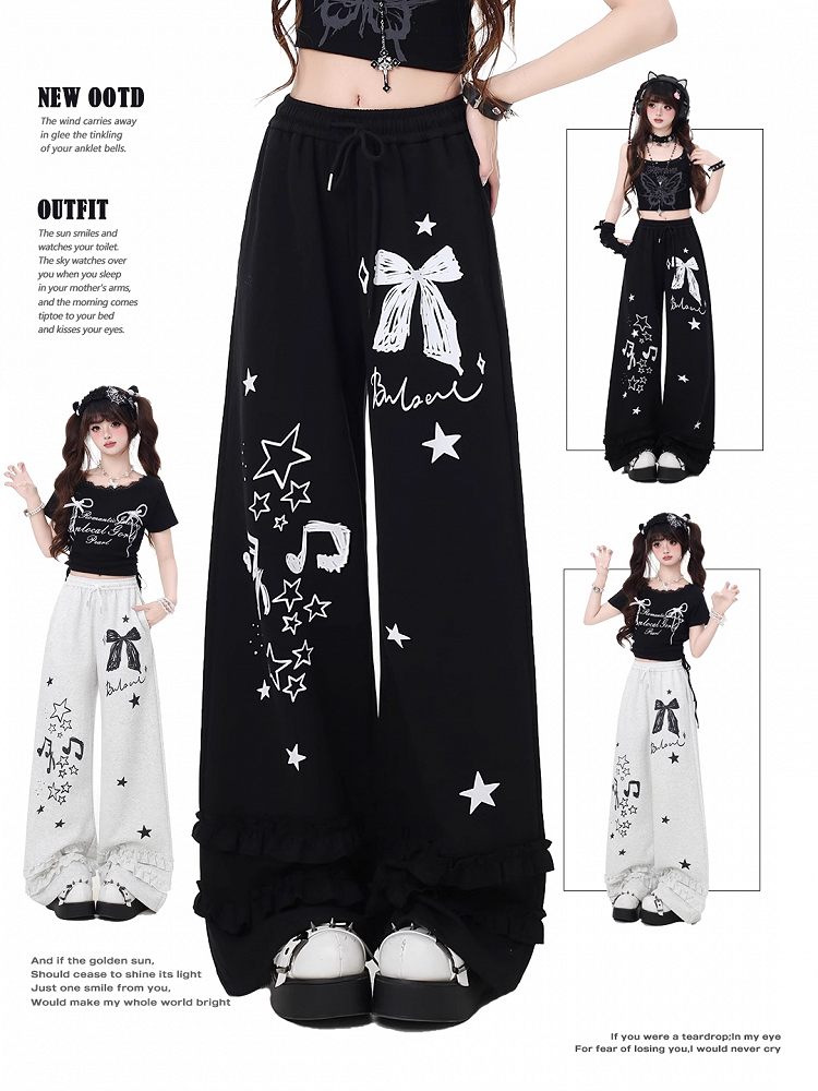 Wide-Leg Pants Black/Light Gray Bow and Star Print Vintage