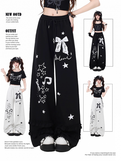 Wide-Leg Pants Black/Light Gray Bow and Star Print Vintage