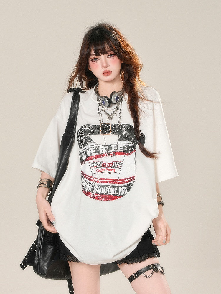 White Crew Neck Sports Loose Graphic T-shirt