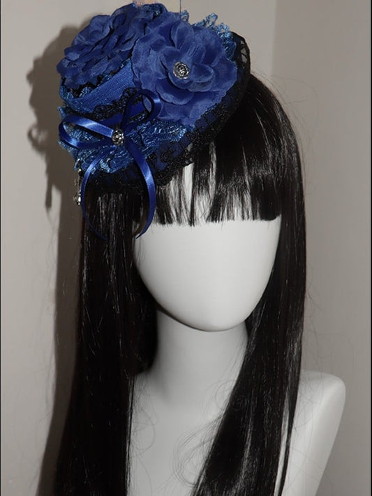 Decorated Trim Design Bowknot Lace Mini Blue Hat Floral