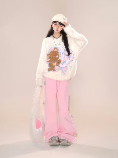 Design Straight-leg Floral Gray/Pink Cut Pants
