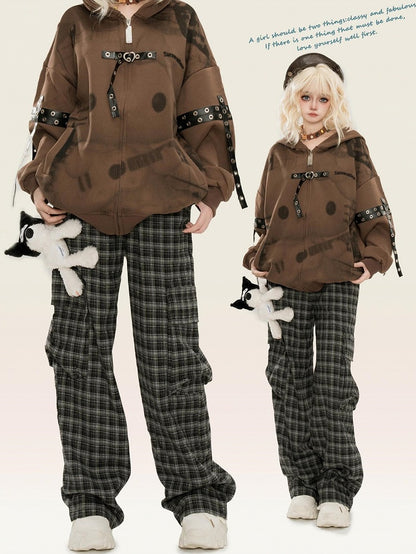 Black Plaid Pattern Cargo Pockets Design Straight-leg Cut Pants