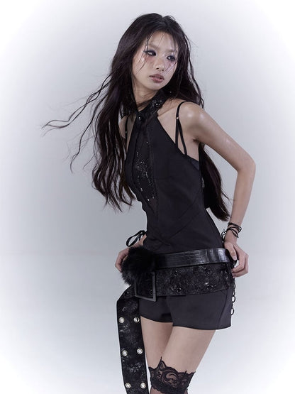 Belt Glamorous Black Halter Neck Spider Rhinestones Jumpsuit with Buckle