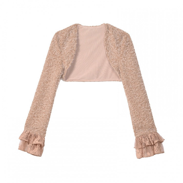 Spring Flounce Sleeves Top Lace Cuffs Camel Long Cropped