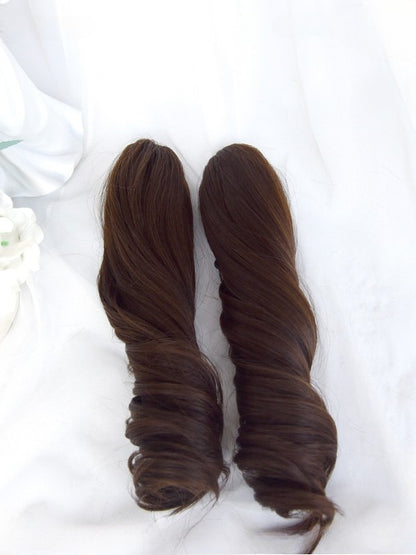 Full 22CM Clips With 30CM Brown Straight Bangs Short Ponytail Wig Double Curly + Roman Claw