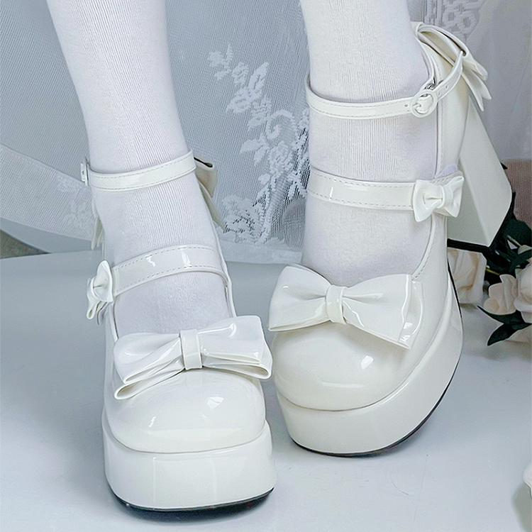 White Bowknot Platform High Block Heels Lolita Shoes