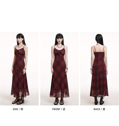 Self-tie Strap Neckline Cami Dress Red  Black Plaid V-neck