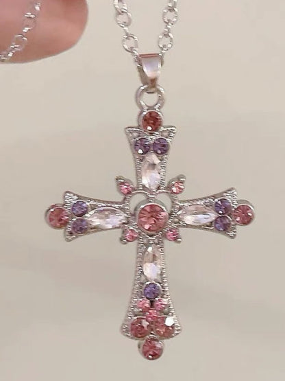 Neon Rainbow/Purple Rhinestone Cross Pendant Chain Necklace