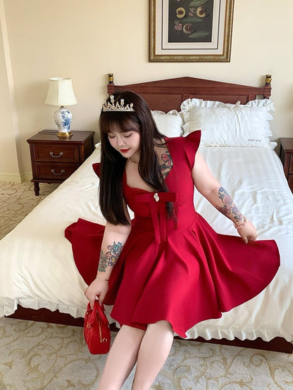 Plus Size V-neck Dress Flutter Sleeves Big Bow Front Red