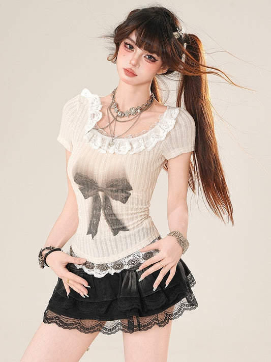 Trim T-shirt Print Bowknot Daily Lace Kawaii Beige Knitted