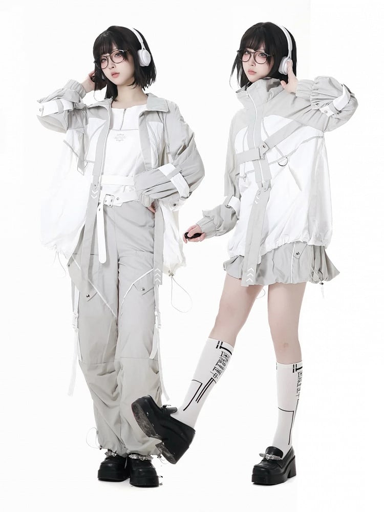 Pants Gray Drawstring Cuffs Snap Details Techwear