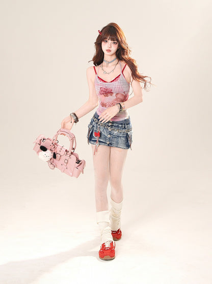 Pink/Blue Floral Print Semi-Sheer Halter Neck Top with Red Plaid Camisole Set