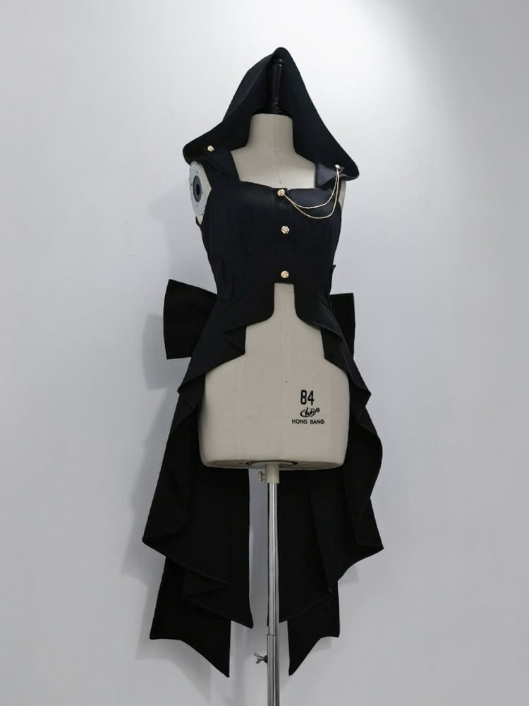 Black Ouji Hooded Waistcoat with Big Bow Train Back