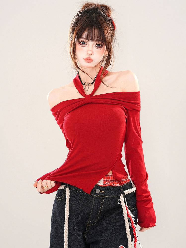 Haut dos nu asymétrique noir/rouge à ourlet fendu