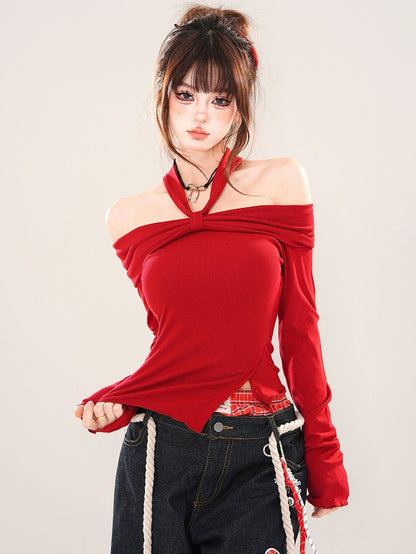 Haut dos nu asymétrique noir/rouge à ourlet fendu