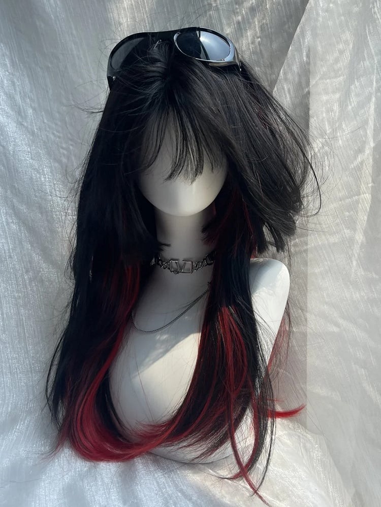 Black Red Highlight Hime Cut Long Straight Halloween Synthetic Wig