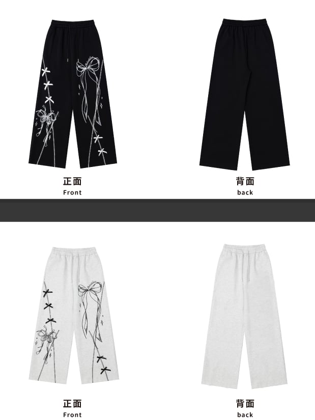 Black/Light Grey Ribbon Bow Straight-leg Cut Sweatpants