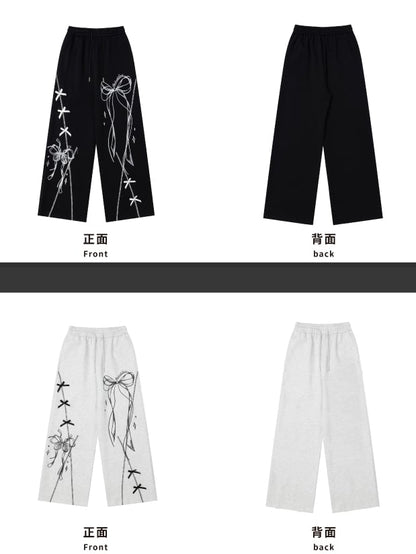 Black/Light Grey Ribbon Bow Straight-leg Cut Sweatpants