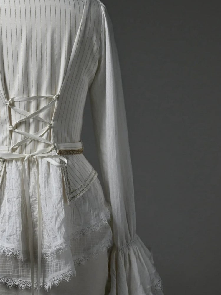 White Jabot Long Cuffs Ruffle Neckline Cadcading Sleeves