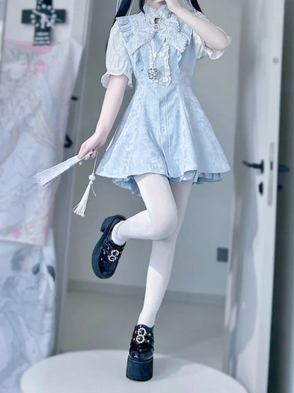 Jirai Blue Tie+Hairclips Light Kei Y2K Sleeves Dress+Shorts+Bow Set-Cheongsam Collar Short