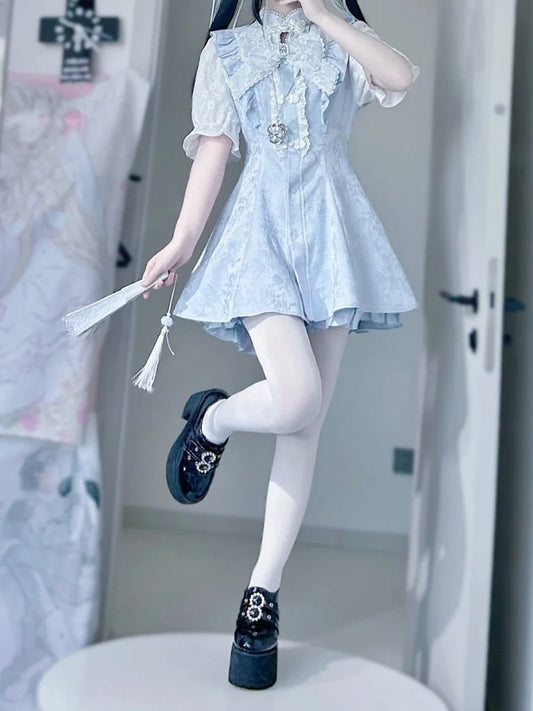 Jirai Blue Tie+Hairclips Light Kei Y2K Sleeves Dress+Shorts+Bow Set-Cheongsam Collar Short