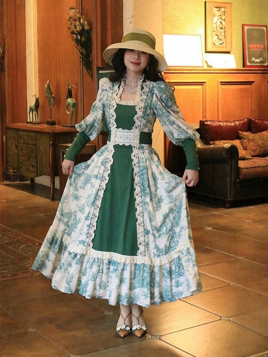 Robe vintage vert foncé à encolure carrée et manches gigot en dentelle florale