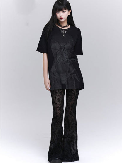 Gothic Black Lace Rosette Flared Pants