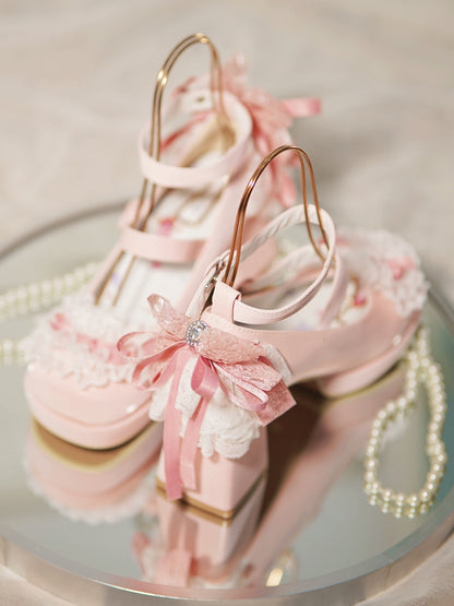 Pink High Trim Lace Heels Heart Top Bow at Block Buckles Knotted