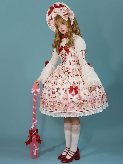 Sweet Bow JSK Full Lolita Accents Print / White Desserts and Set Strawberry