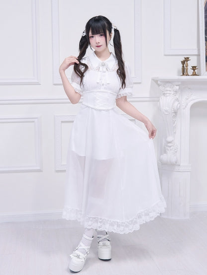Free Belt Neckline Buckle Jirai Kei White Long Dress Illusion Accents Corset with