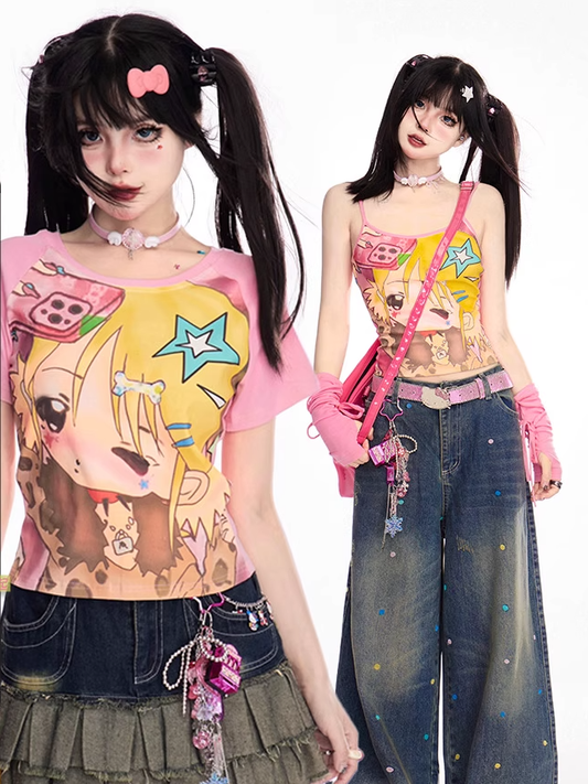 Pink Y2K Cartoon Girl Print T-Shirt/Cami Top