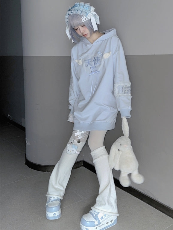 Tenshi Kaiwai Light Blue Characters Lace-up Detail Yami Kawaii Hoodie