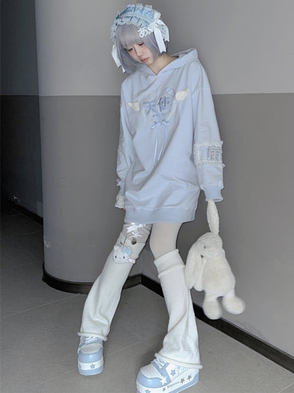 Tenshi Kaiwai Light Blue Characters Lace-up Detail Yami Kawaii Hoodie