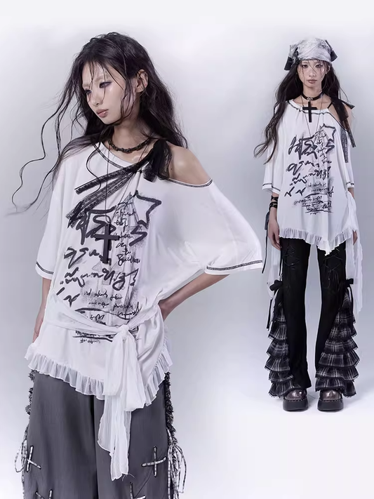 Graphic T-Shirt with Waist Hem White Asymmetrical Neckline Ruffle Strap Self-tie