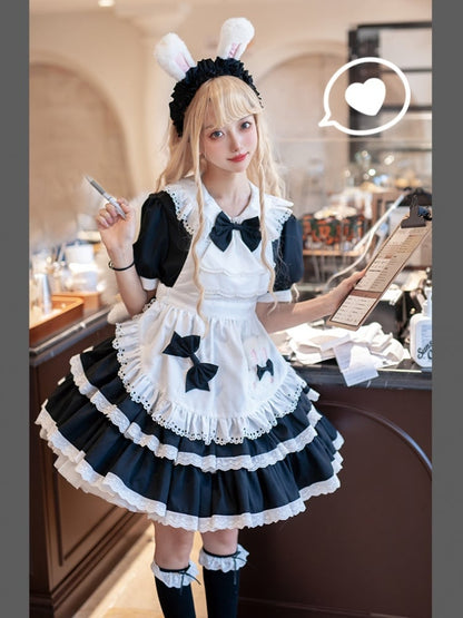 Black and White Bunny Theme Tiered Ruffles Maid Lolita Dress