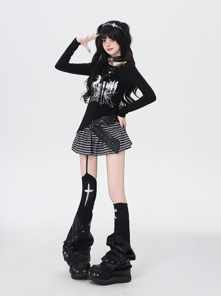 Spider Web Print Lace-up Neckline Asymmetrical Hem Black Top