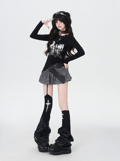 Spider Web Print Lace-up Neckline Asymmetrical Hem Black Top