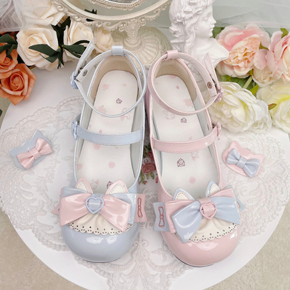 Pink Bowknot Kitty-shaped Buckle Strap Block Heels Lolita Mary Janes