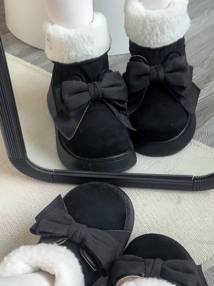 Black Bunny Ear Design Bowknot Platform Winter Boots