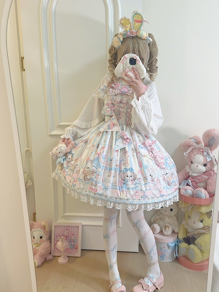 Flags Dress Puppy's Afternoon with Print Light Sweet Lolita Tea Ribbon Yellow