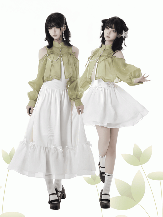 Cheongsam Style Green Semi-sheer Cutout Shoulder Ruched Design Neckline Top