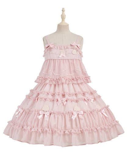 Pink Bow Accents Ruffle Trimming Sweet Lolita Fake Two-pieces Dress