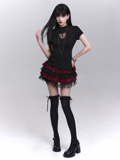 Trim Lining Red and Black Plaid Elastic Waist Lace Mini Tiered Skirt Bloomers